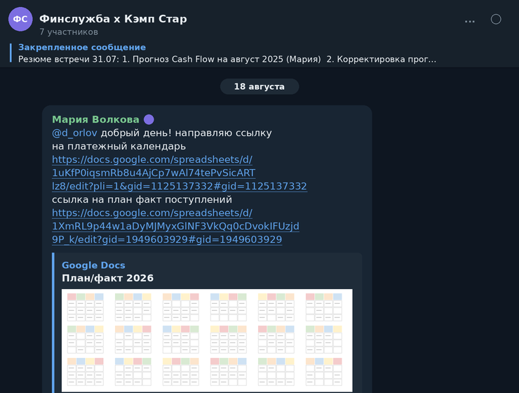 Рабочий чат финансовой службы с клиентом